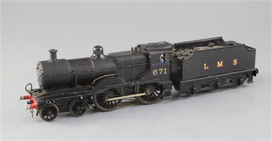 A CCW 4-4-0 (2P) LMS locomotive and tender, number 671, black livery, 3 rail with skate, overall 38cm